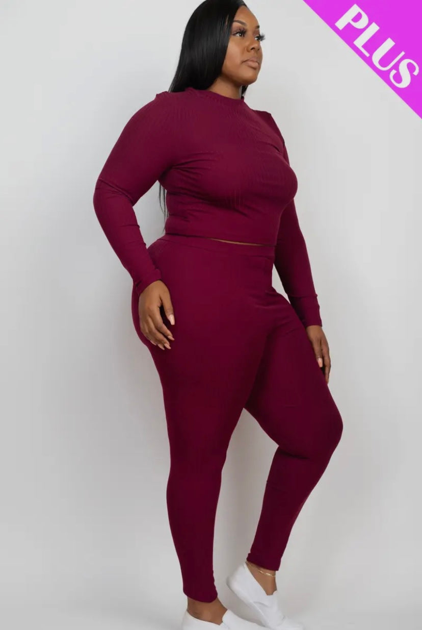 Ribbed Mock Neck Long Sleeve Top & Legging Set (Plus Size) Presale/Preorder