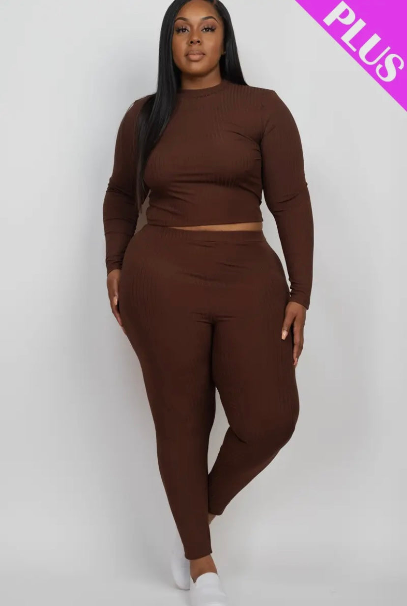 Ribbed Mock Neck Long Sleeve Top & Legging Set (Plus Size) Presale/Preorder