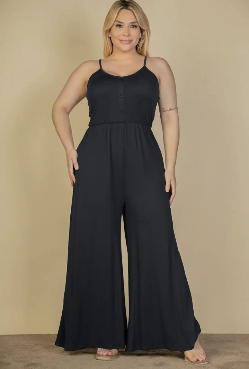 Plus Size Button Front Wide Leg Jumpsuit - Presale/Preorder