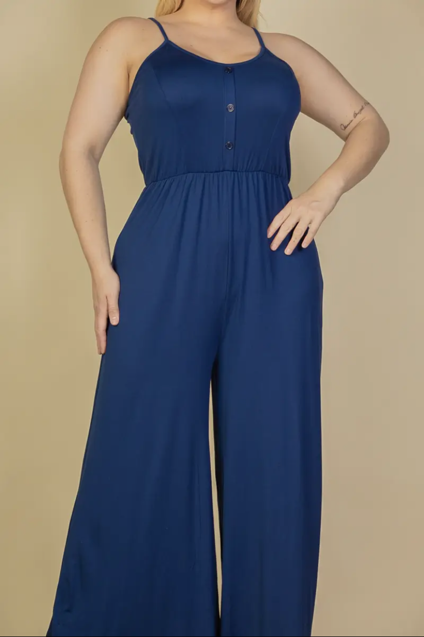 Plus Size Button Front Wide Leg Jumpsuit - Presale/Preorder