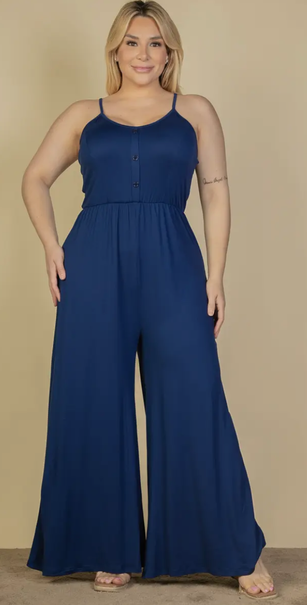 Plus Size Button Front Wide Leg Jumpsuit - Presale/Preorder