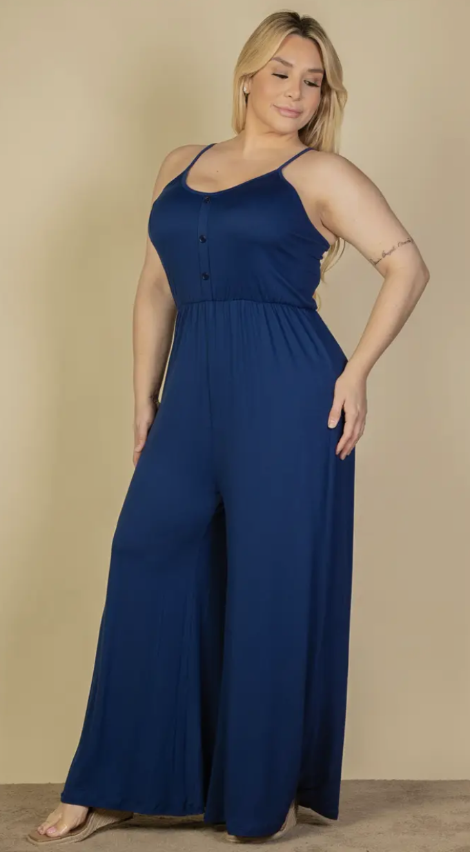 Plus Size Button Front Wide Leg Jumpsuit - Presale/Preorder