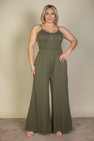 Plus Size Button Front Wide Leg Jumpsuit - Presale/Preorder
