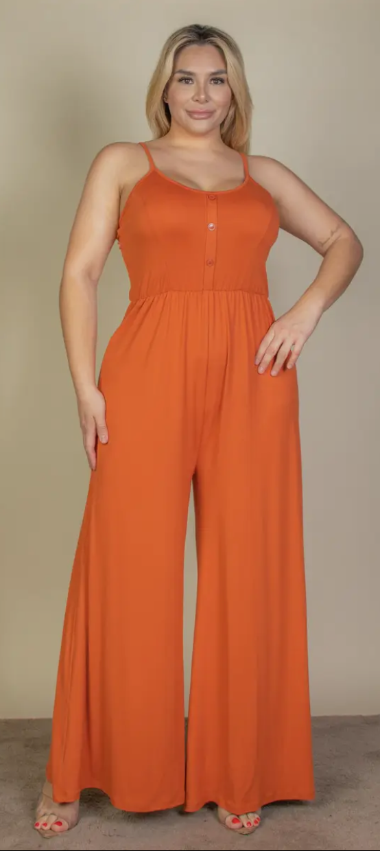 Plus Size Button Front Wide Leg Jumpsuit - Presale/Preorder