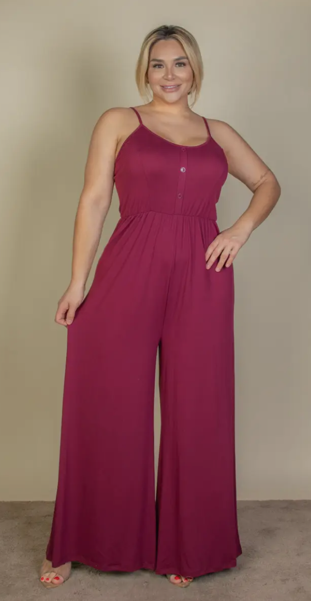 Plus Size Button Front Wide Leg Jumpsuit - Presale/Preorder