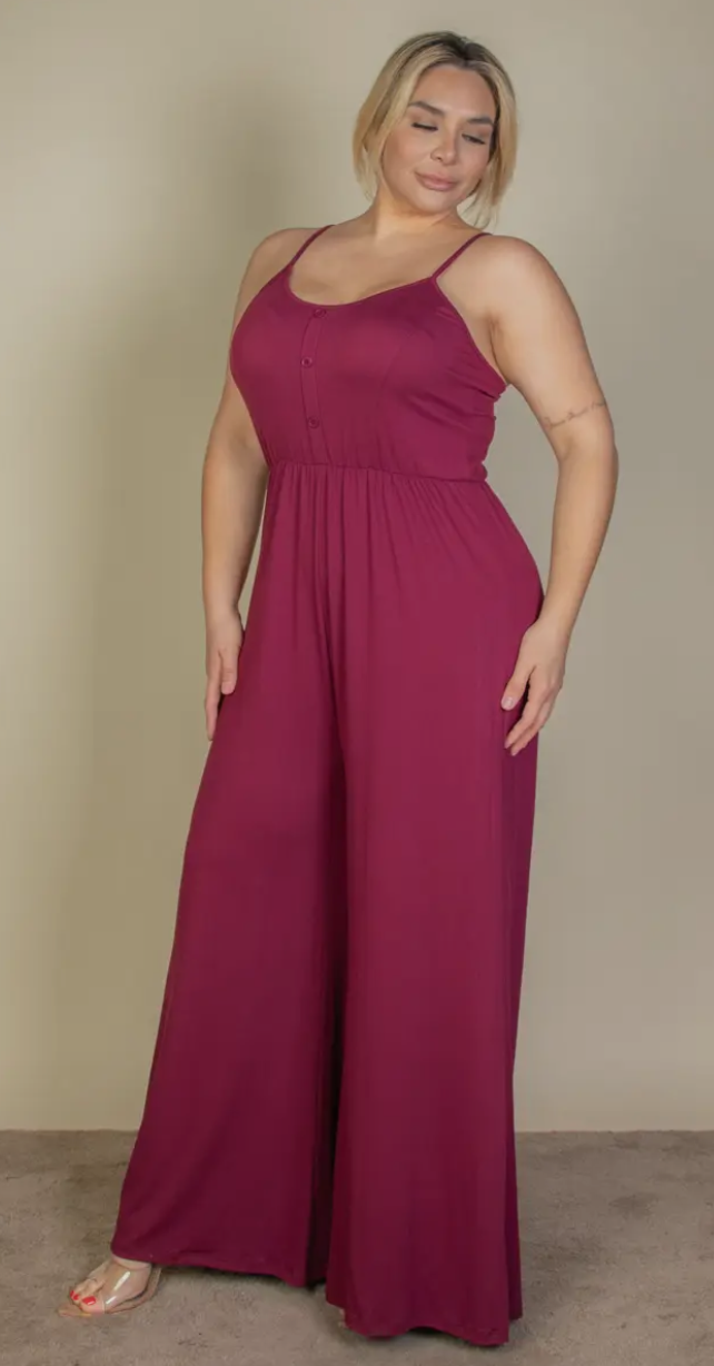Plus Size Button Front Wide Leg Jumpsuit - Presale/Preorder