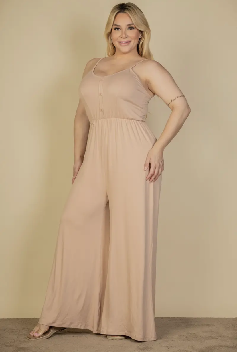 Plus Size Button Front Wide Leg Jumpsuit - Presale/Preorder