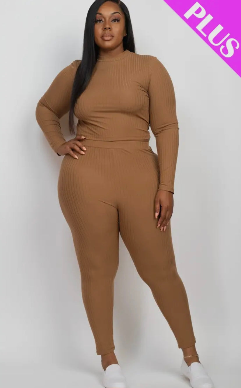 Ribbed Mock Neck Long Sleeve Top & Legging Set (Plus Size) Presale/Preorder