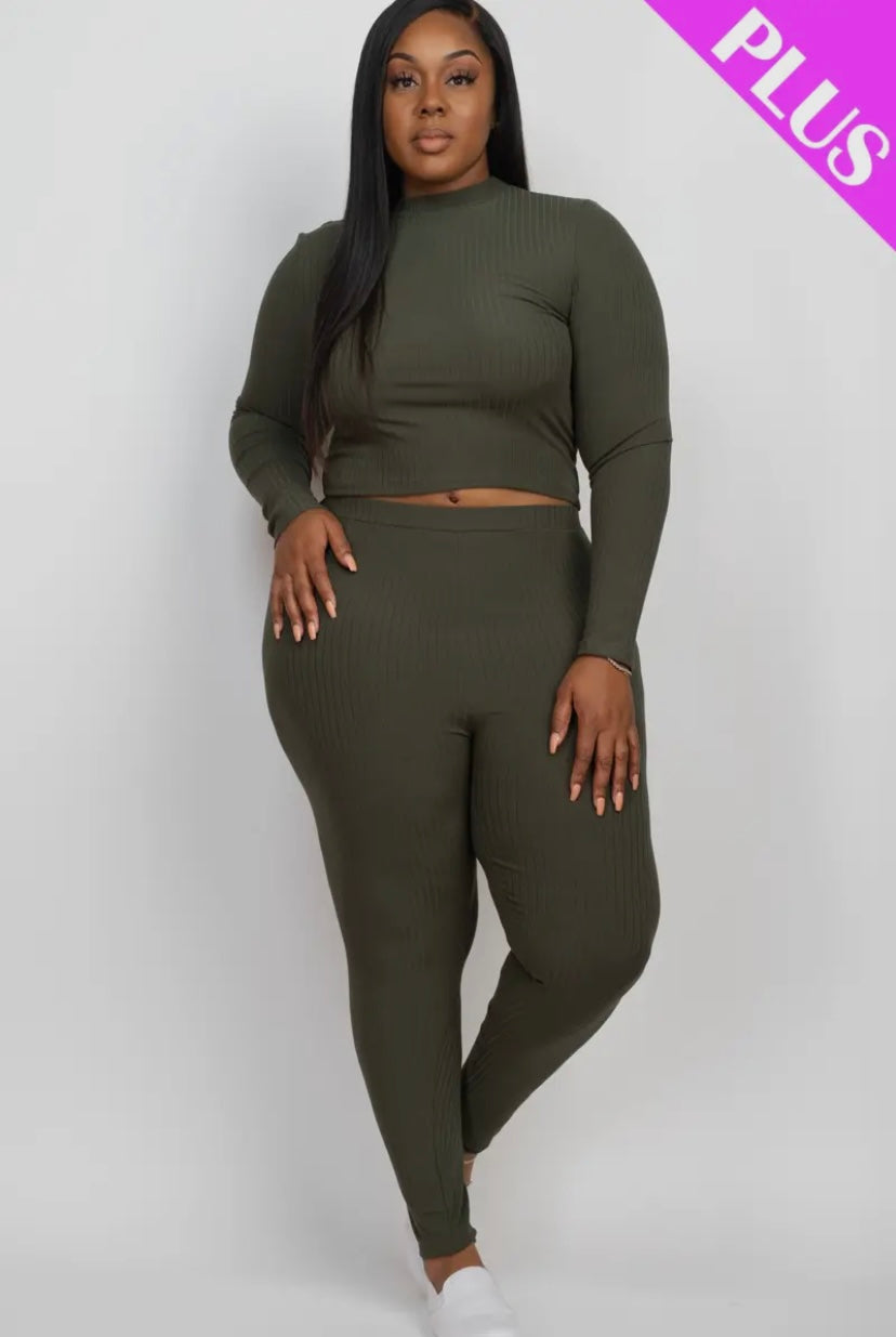 Ribbed Mock Neck Long Sleeve Top & Legging Set (Plus Size) Presale/Preorder