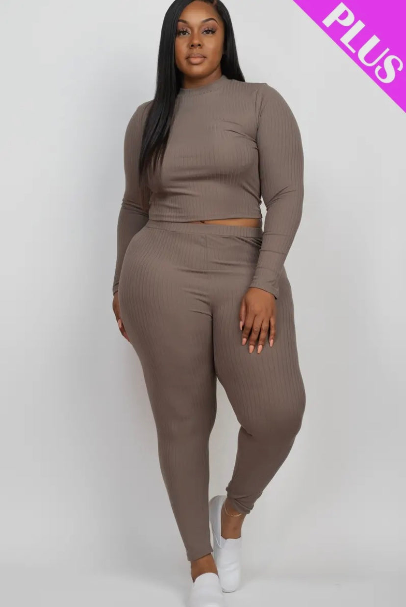 Ribbed Mock Neck Long Sleeve Top & Legging Set (Plus Size) Presale/Preorder