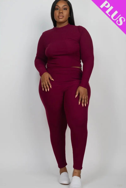Ribbed Mock Neck Long Sleeve Top & Legging Set (Plus Size) Presale/Preorder