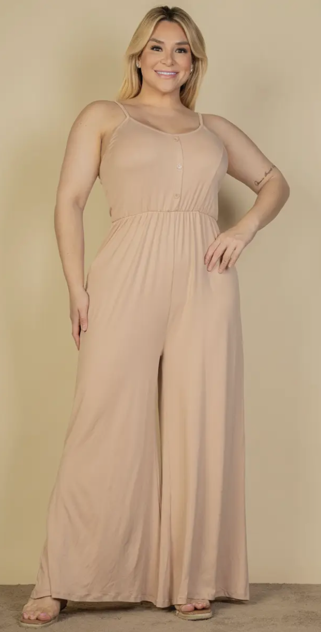 Plus Size Button Front Wide Leg Jumpsuit - Presale/Preorder